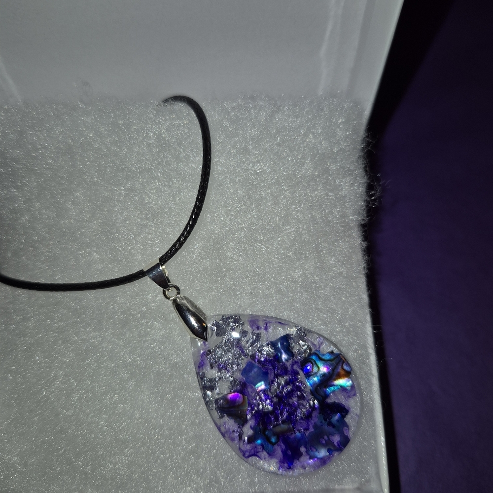 Purple and Silver Crystal Necklace with Iridescent Pendant